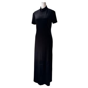 Vintage ‘90s Mica Black Velvet Mock Neck Short Sleeve Bodycon Maxi Dress